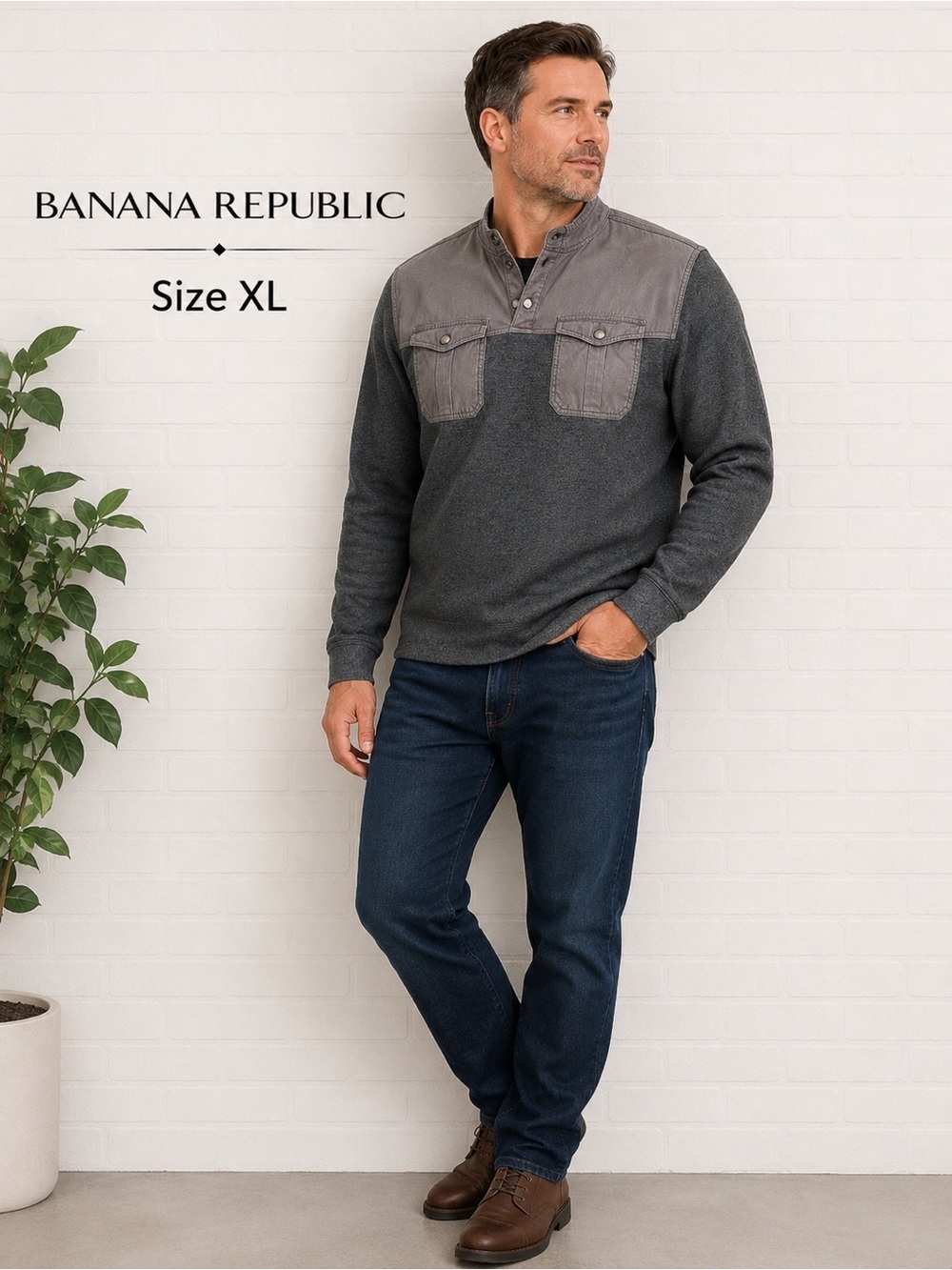 Banana Republic Men's Gray Henley Pullover Sweater Jacket Size XL